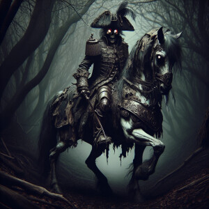 Create an image of a threatening centaur wearing a decrepit, dar...