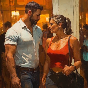 Detailed sharp Art realism.A man  muscular beefy sweat walking w...