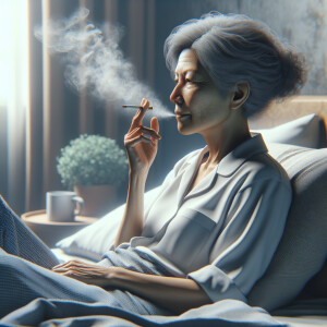 Middle-aged woman sitting on her bed smoking a cigarette .