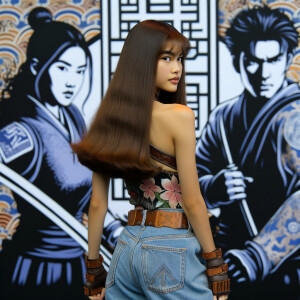 Attractive, Asian teenage girl, long brown hair and bangs, wearing tight skinny jeans and a halter top paint marks on her clothing, backside view heroic pose Asian graffiti