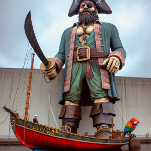 A 165-foot-tall man in a pirate uniform and a parrot on his shou...
