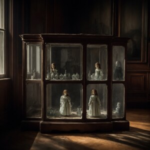 "Imagine a dimly lit, abandoned mansion room filled with dust an...