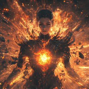 Create an ultra-realistic digital art of a cosmic witch facing t...