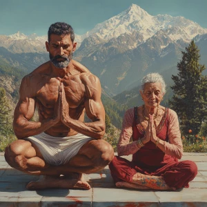 Realistic art 1:1,A muscular man and his 50-year-old Kashmiri mo...