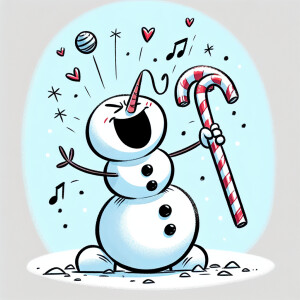 A snowman holding a candy cane like a microphone, singing joyful...