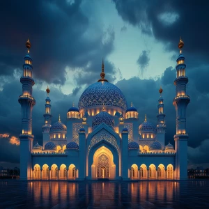 Majestic mosque standing tall against a backdrop of stormy cloud...