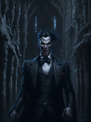 a happy dracula in a gothic castle.