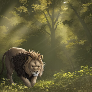Create an image of lion with a boy in a dense forest with little...