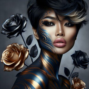 "Imagine a woman with a striking presence, her skin adorned with...