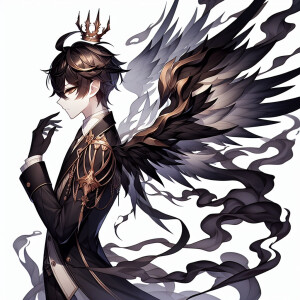 a darck anime boy with dark smok wings and gold crown full body