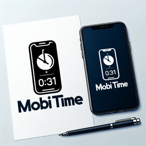 Create a realistic logo with the text "MOBI TIME" and a picture...