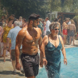 oil painting,a muscular beefy kashmiri son in law walking ,with...