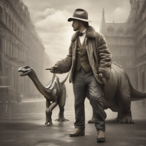 Man walking with a dinosaur the man is in fur skins the only clo...