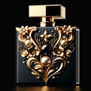 Design a fancy, black and gold bottle of perfume in the shape of a woman’s body. With a golden diamond top, flowers pearls and Diamonds in the name, Karen