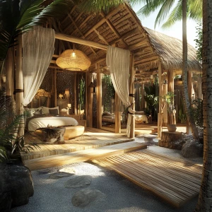 Create a design of an elite fight camp in Bali Indonesia. Make it eco, natural and cozy and at the same time stylish