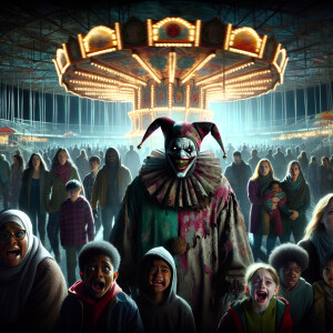 Depict a harrowing tableau: At the heart of a derelict carnival...