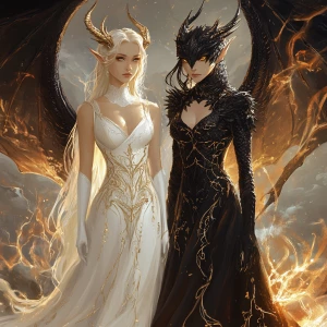 Graphic-style illustration of two stunning dragon women standing...