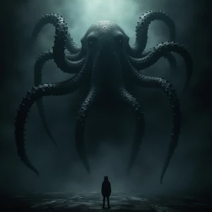 In the shadows, a massive stygian tentacled titan looms ominousl...