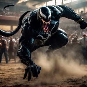 Create an 3d animated scene featuring Venom in a dynamic pose as...