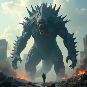 "Emerging from the depths, an enormous, menacing kaiju towers ov...