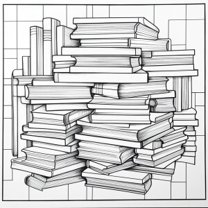 Create an image of a stack of books outlined in black on a white...