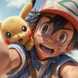 Create a hyperrealistic image of Ash Ketchum from Pokémon taking...