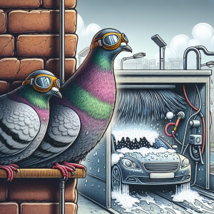 A whimsical scene of two pigeons with flight goggles on their he...