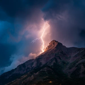 A dramatic lightning strike on a rugged mountain during a stormy...