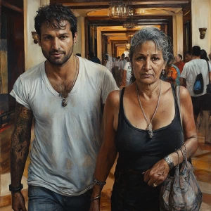 realistic painting.A sweaty man walking with his 54 year old ind...