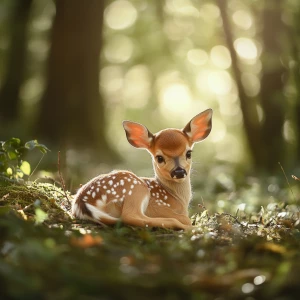 A delicate baby deer (fawn) nestled in a serene forest clearing,...
