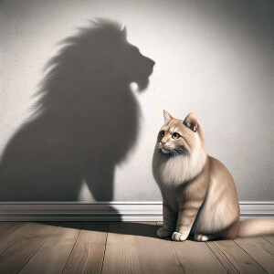 Hyper realistic image of a house cat sitting near a wall, his sh...