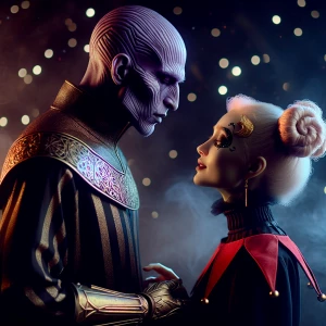 Thanos and Harley Quinn look at each other loving and sensual