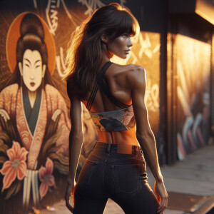 Athletic Thin skinny Attractive, Asian teenage girl, long brown hair and bangs, wearing tight skinny jeans and a halter top paint marks on her clothing, heroic pose Asian graffiti background, backside view