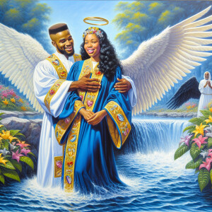 An oil painting depicting a light-skinned African-American pasto...
