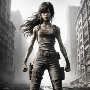 Skinny and thin Asian teen girl wearing skin tight jeans that are worn and frayed, long hair and bangs heroic ready to fight stance