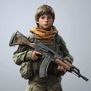Russian kid soldier in contemporary military attire, holding an...