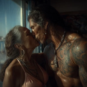 Hyperrealism ,a latin muscular beefy tattoed sweaty man kissin...