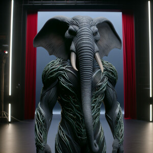 Create an image of an anthropomorphic elephant with a sleek, for...