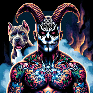 macabre highly-detailed intense demonic man with curved goat hor...