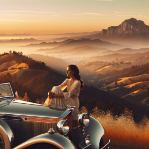 Black guy sitting on a nice car on a mountain overlooking California with the sunset.