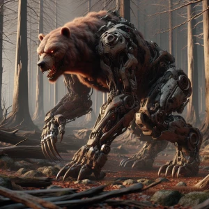 A hulking bear-like creature with a mix of flesh and biomechanical parts, trudging through a barren forest. Its claws gleam with metal and its eyes emit a soft red glow as it searches for prey among the ruins