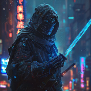 cyberpunk ninja, blue sword