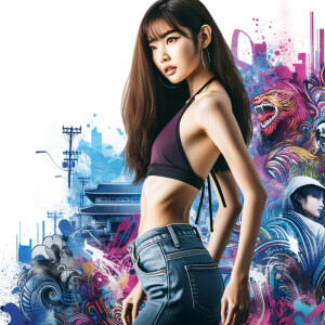 Very thin Athletic Thin skinny Attractive, Asian teenage girl, long brown hair and bangs, wearing tight skinny jeans and a halter top paint marks on her clothing, heroic sideways pose Asian graffiti background