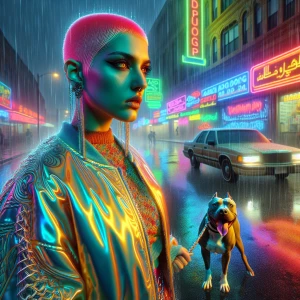 Street corner. Heavy downpour. Close-up low angle: a woman with...