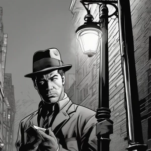 A black-and-white panel of a detective adjusting his fedora under a streetlamp.