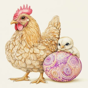A hen and a chick, depicted in a detailed watercolor style. The...
