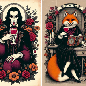 Draw a studious female fox. Have flowers in the photo. Have a ba...