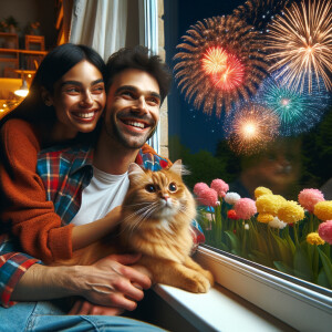 A happy couple is lying together in spring with their cat watchi...