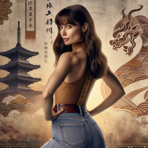 Athletic Thin skinny Attractive, Asian teenage girl, long brown hair and bangs, wearing tight skinny jeans and a halter top paint marks on her clothing, heroic pose Asian graffiti background, backside view