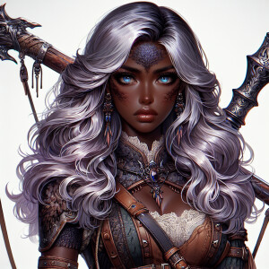 A beautiful huntress from the “Monster Hunter” series with dark...
